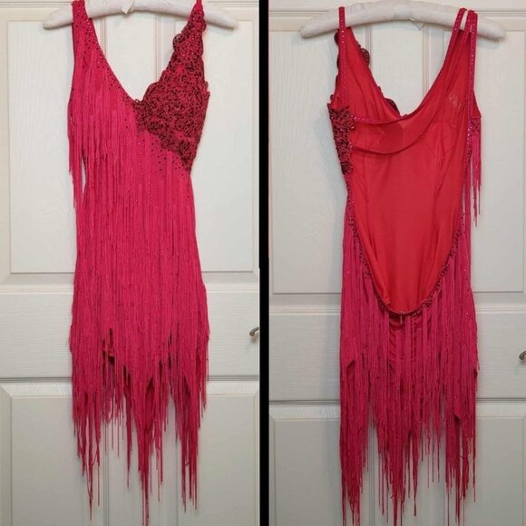 Women's Medium Pink Latin Ballroom Dance Fringe Rhinestone Dress Costume - Picture 4 of 16